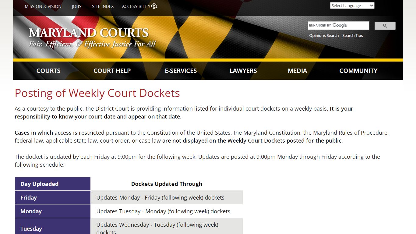 Posting of Weekly Court Dockets | Maryland Courts